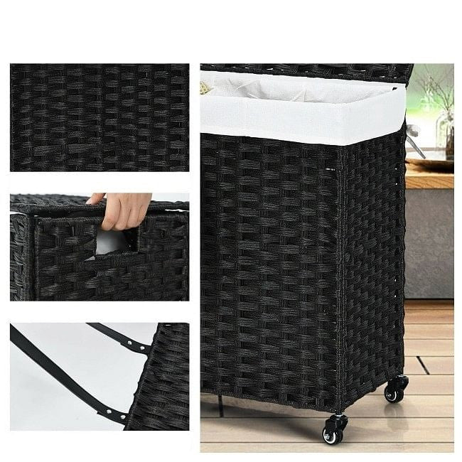 Black 3 Bin Linen Lined on Wheels PR Rattan Laundry Hamper-0