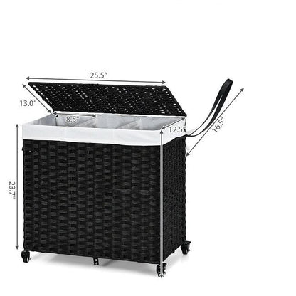 Black 3 Bin Linen Lined on Wheels PR Rattan Laundry Hamper-1