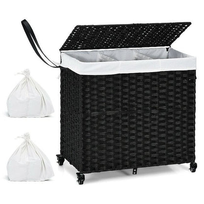 Black 3 Bin Linen Lined on Wheels PR Rattan Laundry Hamper-2