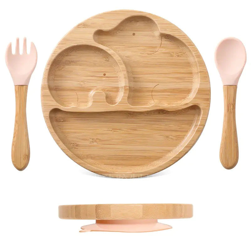 Children's Suction Bamboo Divided Plate with Spoon & Fork