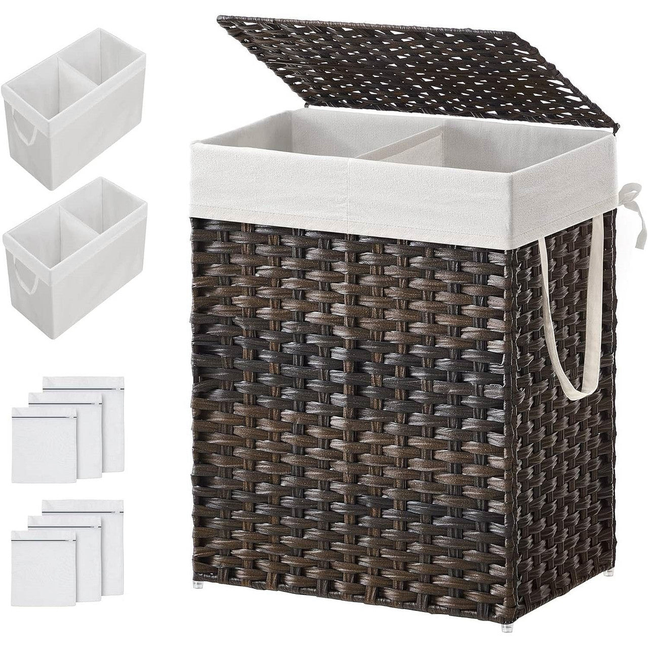 Brown PP Rattan 24-Gal Laundry Hamper Basket w/ 2-Compartment Washable Liner Bag-2