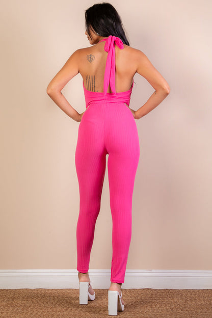 Halter V Neck Ribbed Bodycon Jumpsuit (CAPELLA)-4
