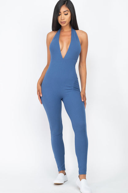 Halter V Neck Ribbed Bodycon Jumpsuit (CAPELLA)-5