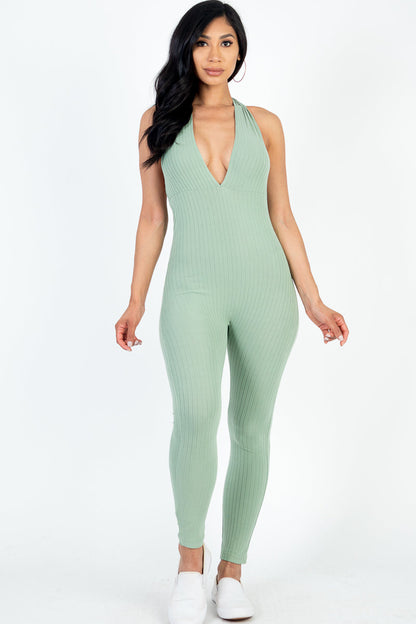 Halter V Neck Ribbed Bodycon Jumpsuit (CAPELLA)-7
