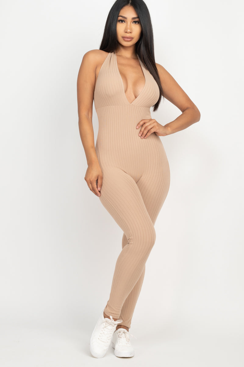 Halter V Neck Ribbed Bodycon Jumpsuit (CAPELLA)-9