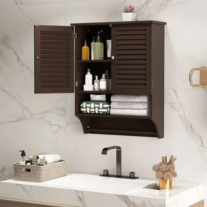 Brown Wall-Mounted Bathroom Medicine Cabinet with Louver Doors and Towel Bar-1