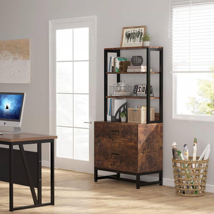 Home Office Lockable 2 Drawer Filing Cabinet Bookshelf in Brown Wood Finish-2