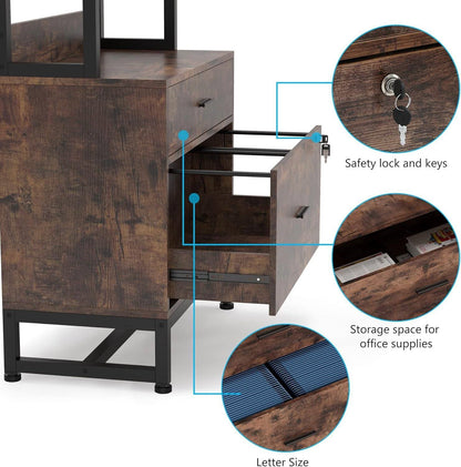 Home Office Lockable 2 Drawer Filing Cabinet Bookshelf in Brown Wood Finish-3