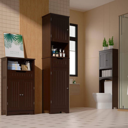 Dark Brown Bathroom Linen Cabinet Tower with 2 Doors Storage Drawer and Shelf-0