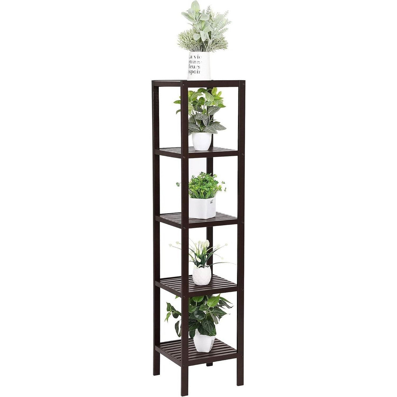 Brown Bamboo Wood 4-Shelf Versatile Storage Unit Rack Narrow Bookcase-2