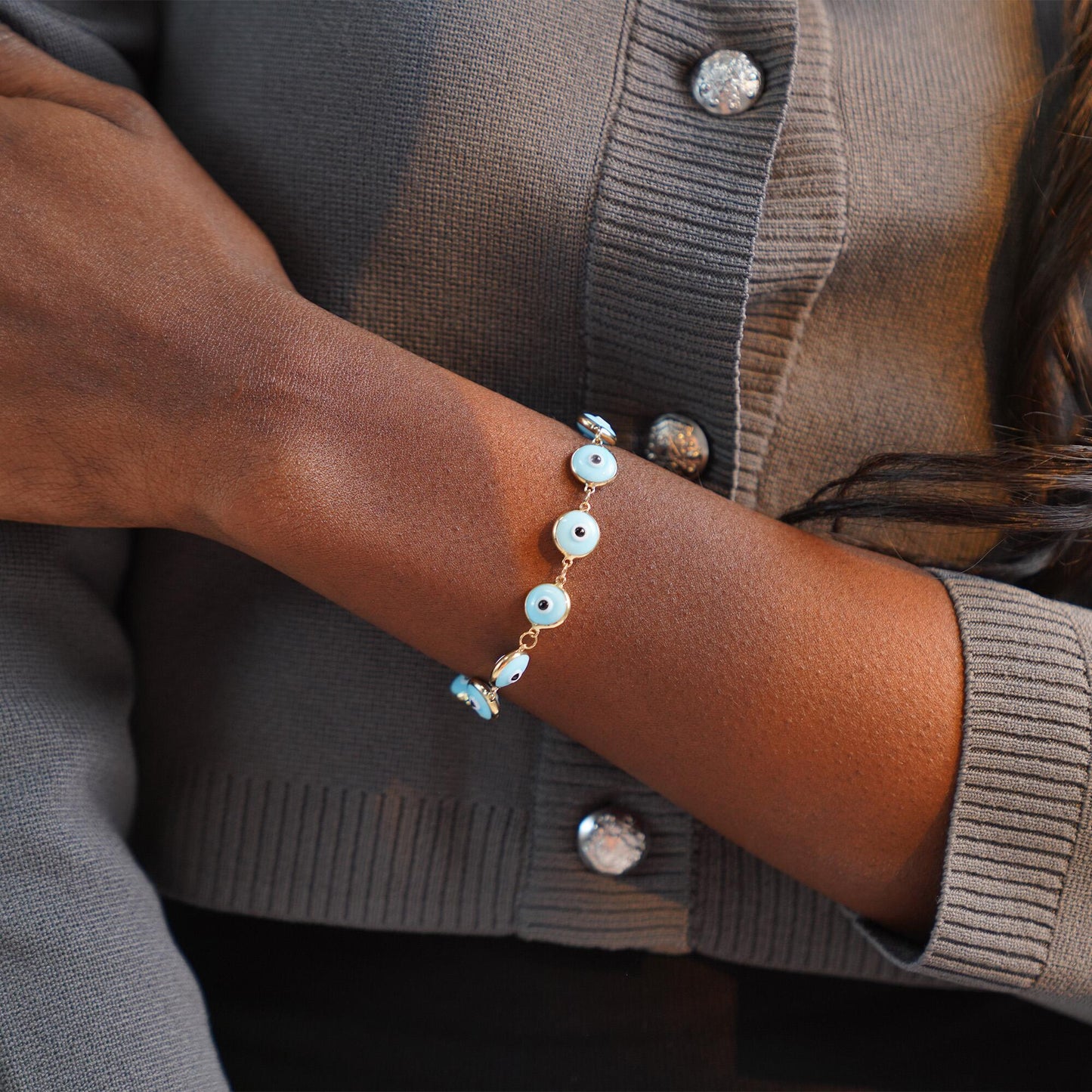 Baby Blue Evil Eye Bracelet in 14K Gold-1