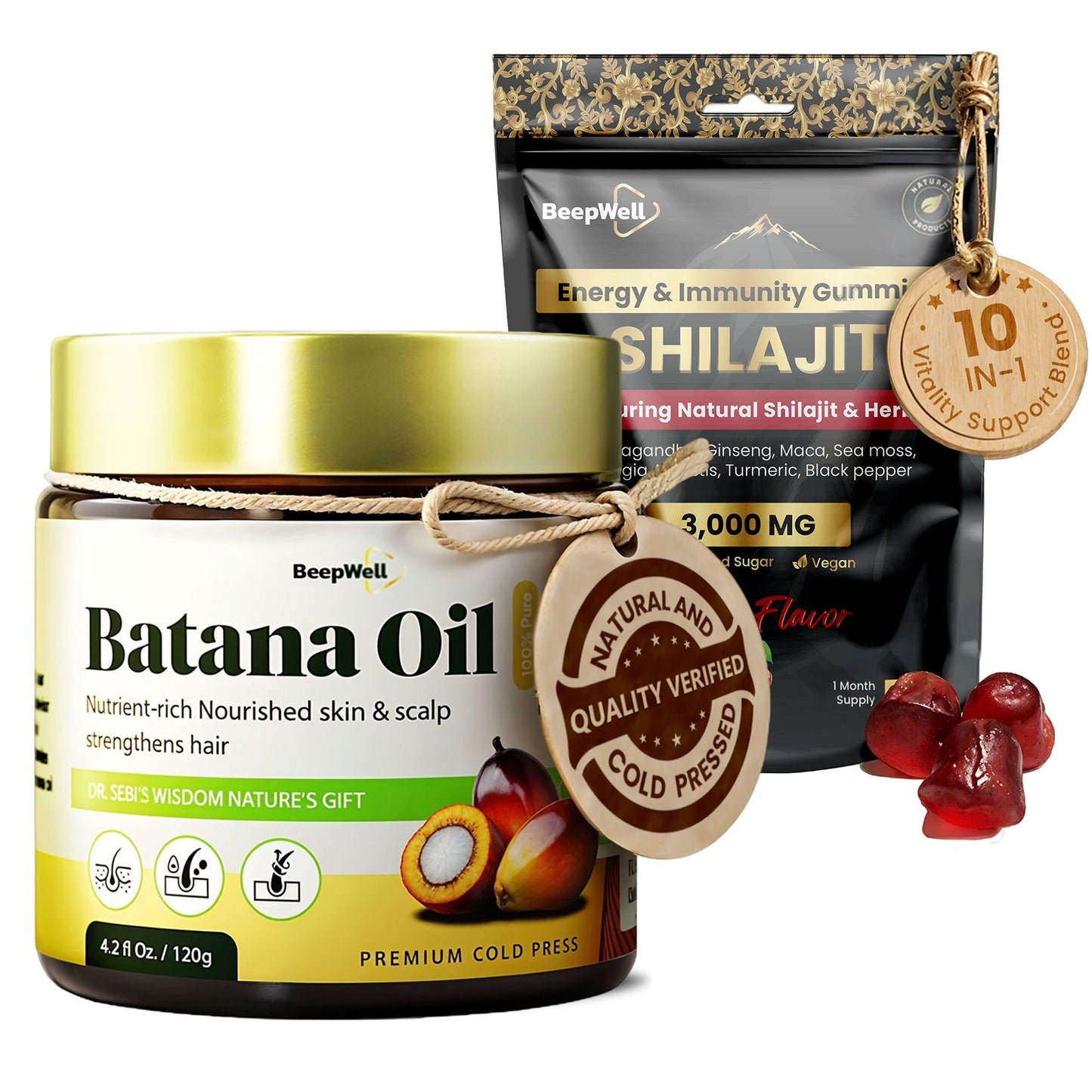 BeepWell Shilajit Gummies + Batana Oil Bundle – Resin-Based Gummies with Herbal Blend (60 ct) & Unrefined Hair Oil from Honduras (4.2 fl oz)-0