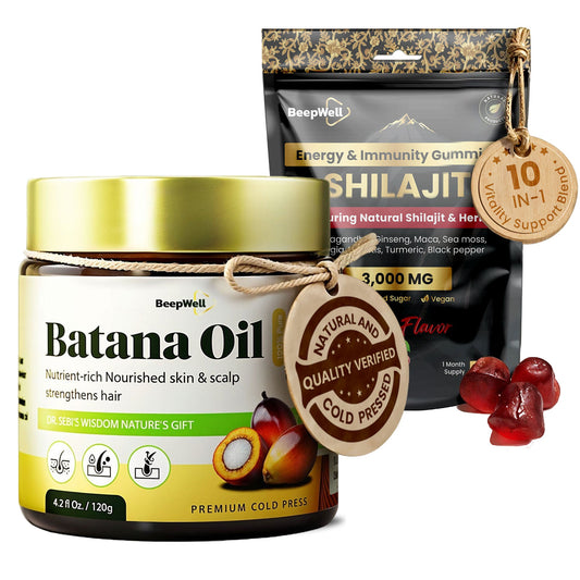BeepWell Shilajit Gummies + Batana Oil Bundle – Resin-Based Gummies with Herbal Blend (60 ct) & Unrefined Hair Oil from Honduras (4.2 fl oz)-0