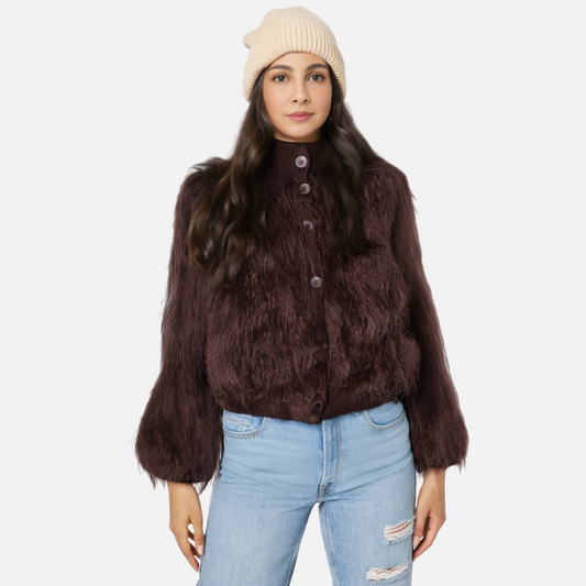 Brown Stand-Up Collar Jacket For Women, Gramercy, BYMANYC New York.-0