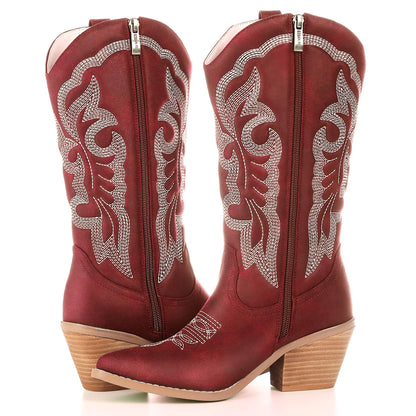 gioanroca Women Cowboy Boots Mid-Calf Embroidered Western Boots with Side Zippe Point Toe Retro Fashion Womens Cowgirl Boots
