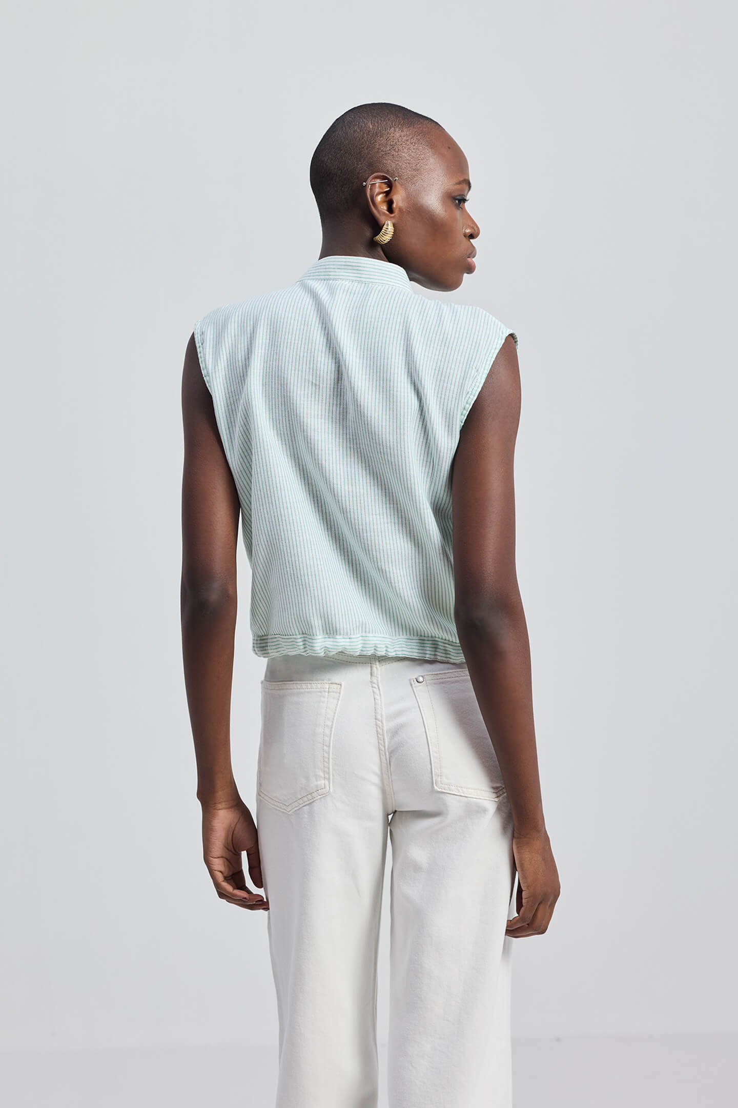 Button-down Shirt with Waist Drawstring in Stripes-1