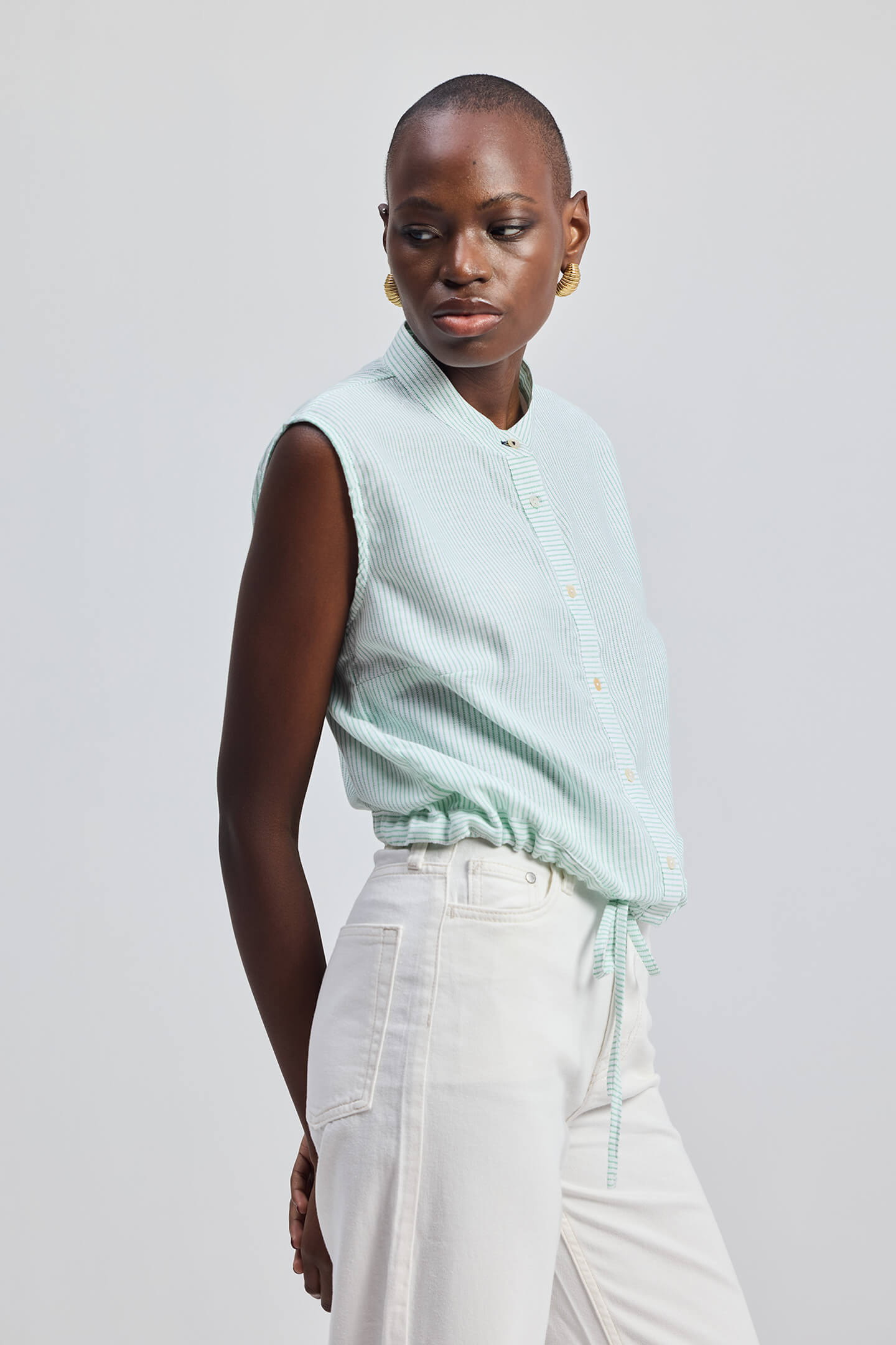 Button-down Shirt with Waist Drawstring in Stripes-2