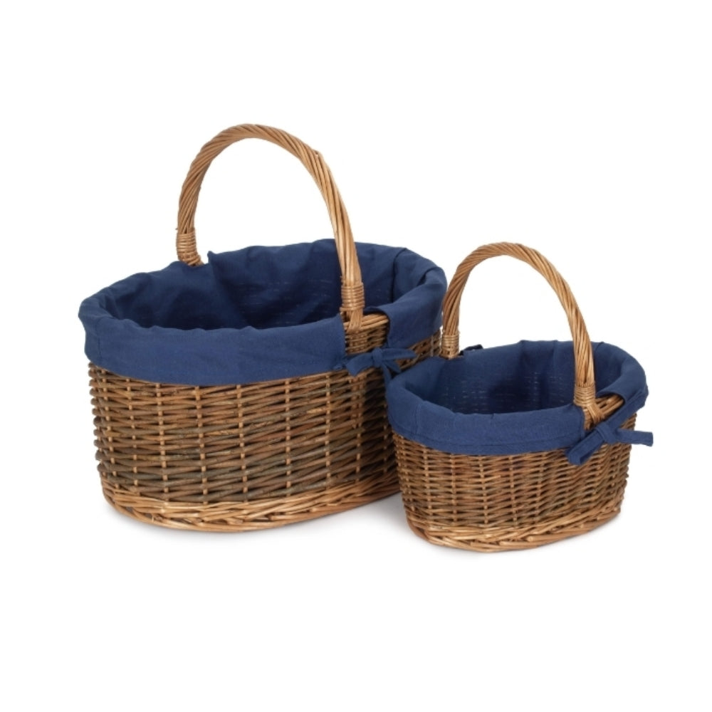 Blue Lined Country Oval Wicker Shopping Basket-0