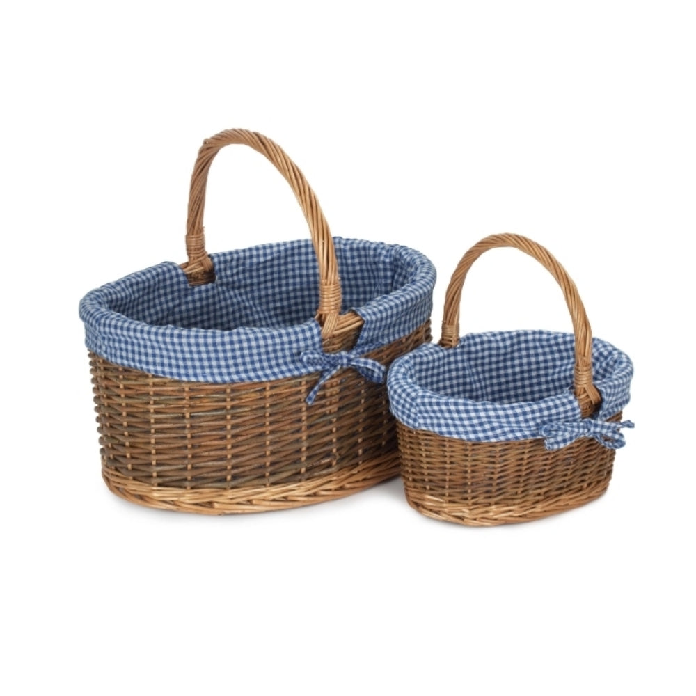 Blue Checked Lined Country Oval Wicker Shopping Basket-0