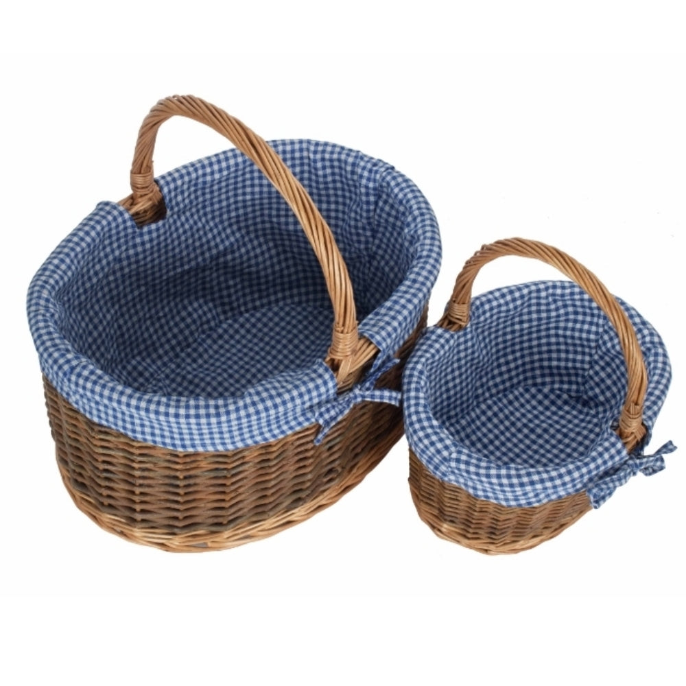 Blue Checked Lined Country Oval Wicker Shopping Basket-1