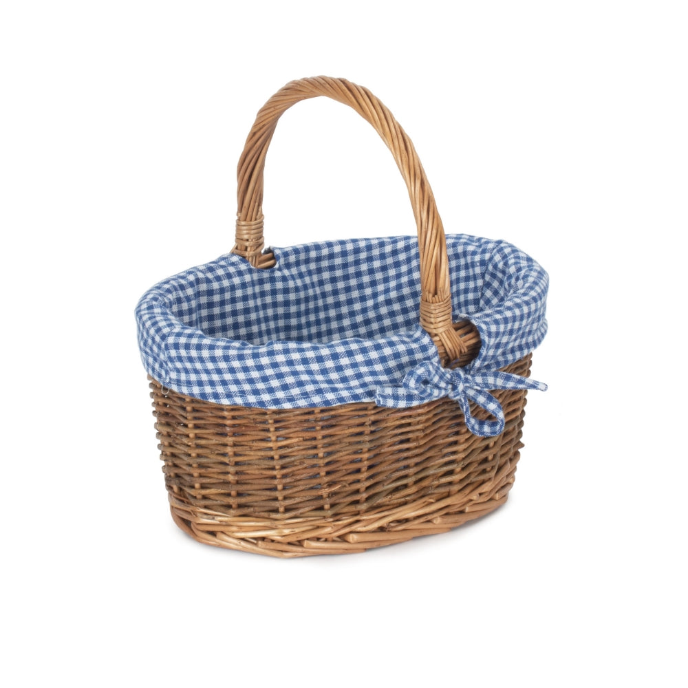Blue Checked Lined Country Oval Wicker Shopping Basket-3