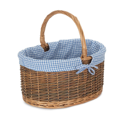 Blue Checked Lined Country Oval Wicker Shopping Basket-5