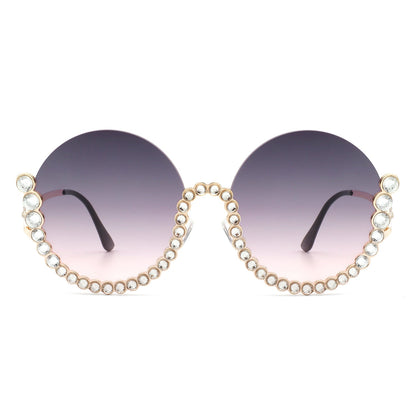 Gloriana - Women Circle Half Frame Oversize Rhinestone Fashion Round Sunglasses-3