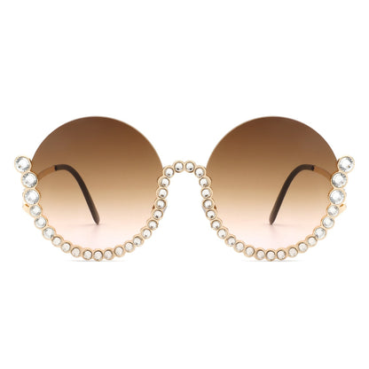 Gloriana - Women Circle Half Frame Oversize Rhinestone Fashion Round Sunglasses-1