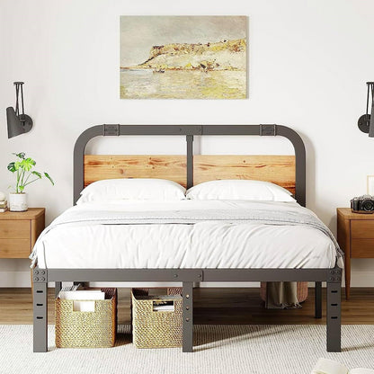 California King Heavy Duty Black Metal Bed Frame with Wood Panel Headboard-3