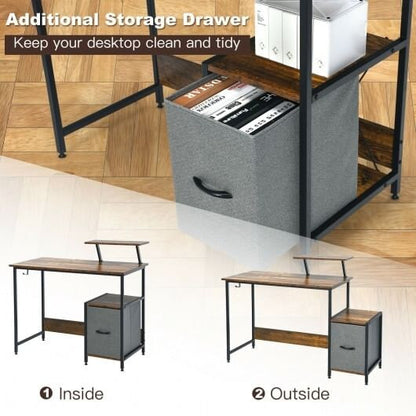 Computer Desk with Reversible Storage Drawer and Moveable Shelf-Brown-3