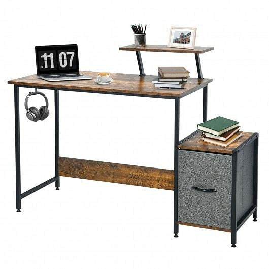 Computer Desk with Reversible Storage Drawer and Moveable Shelf-Brown-4
