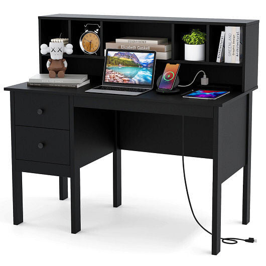 48 Inch Computer Desk with Drawers Power Outlets and 5-Cubby Hutch-White-4
