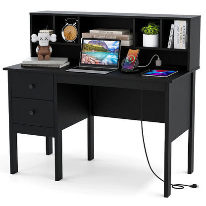 48 Inch Computer Desk with Drawers Power Outlets and 5-Cubby Hutch-White-4