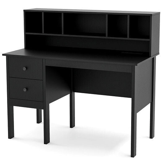 48 Inch Computer Desk with Drawers Power Outlets and 5-Cubby Hutch-White-0
