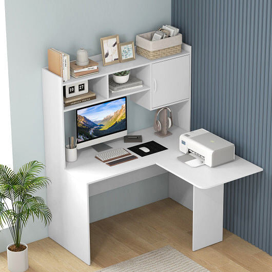L-Shaped Desk Corner Computer Desk with Open Storage Hutch and Cabinet-White-0