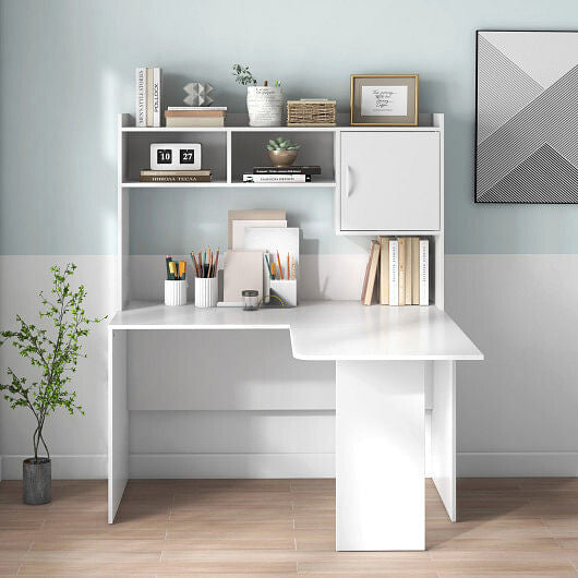 L-Shaped Desk Corner Computer Desk with Open Storage Hutch and Cabinet-White-1