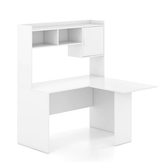 L-Shaped Desk Corner Computer Desk with Open Storage Hutch and Cabinet-White-2