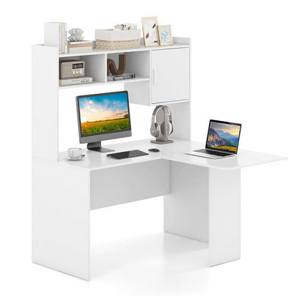 L-Shaped Desk Corner Computer Desk with Open Storage Hutch and Cabinet-White-4