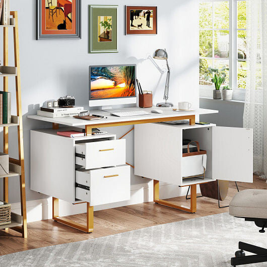 51 Inch Computer Desk with Floating Desktop and Dual Drawers-White-0