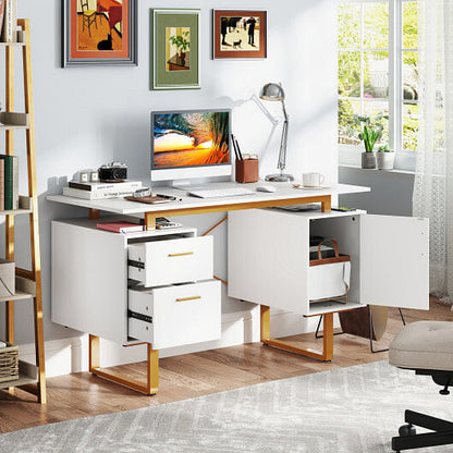51 Inch Computer Desk with Floating Desktop and Dual Drawers-White-0