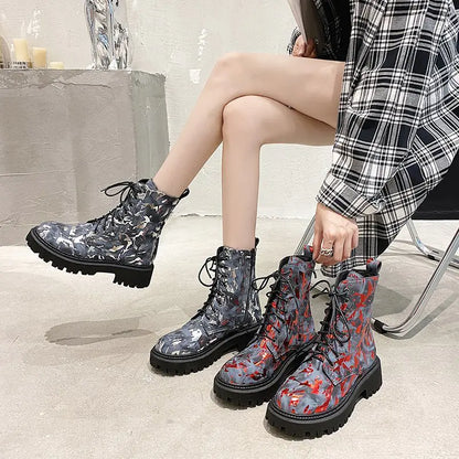 Floral Martin Boots for Women - Warm Winter Motorcycle Boots