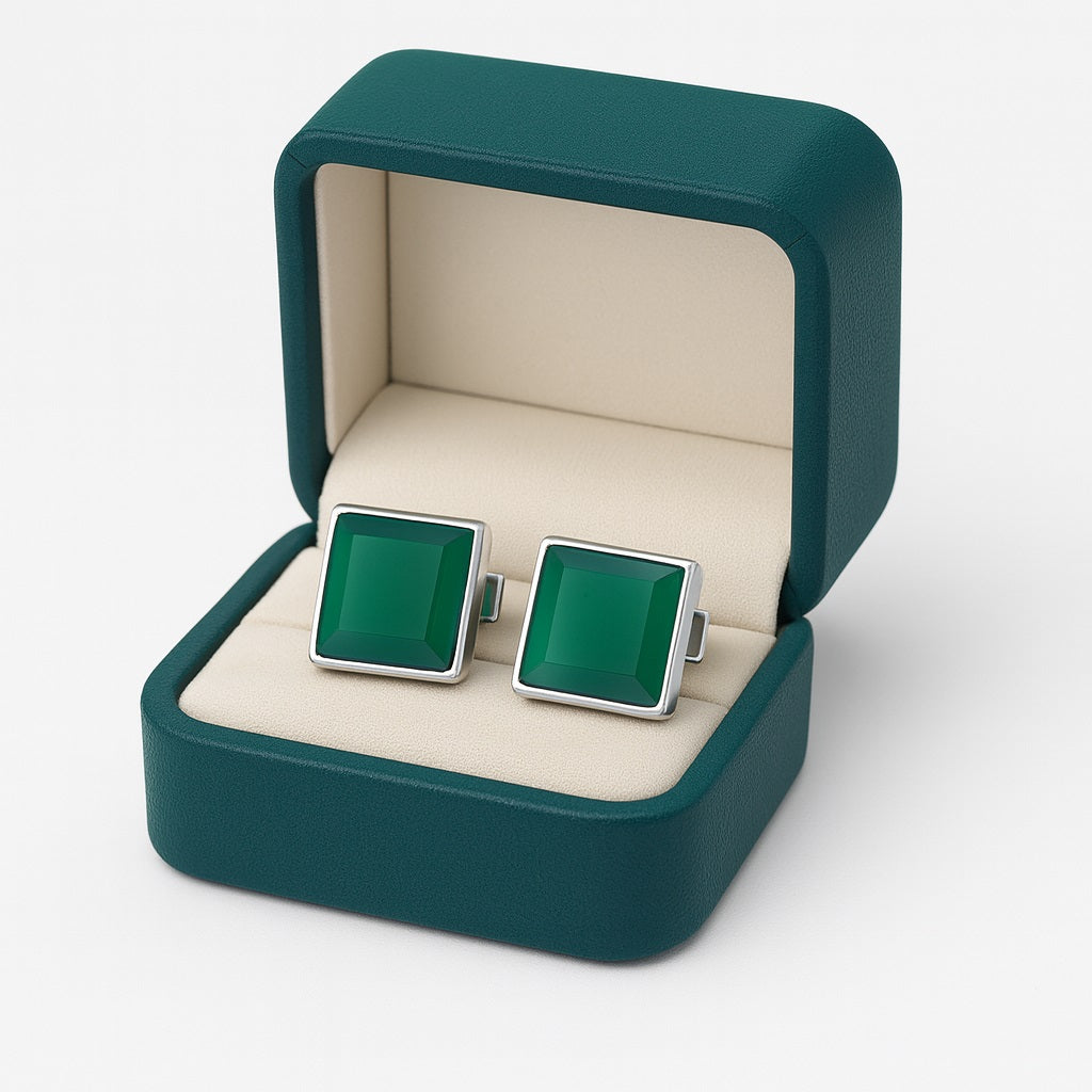 Green Onyx Square Cufflinks – Sterling Silver-1