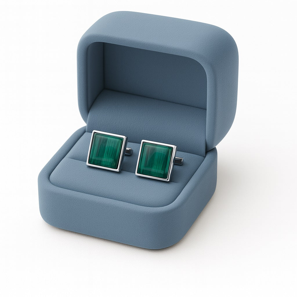 Green Malachite Square Cufflinks – Sterling Silver-1