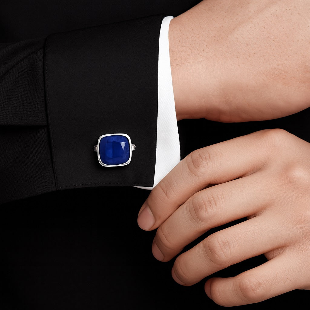 Cushion Blue Sapphire Cufflinks – Sterling Silver-0