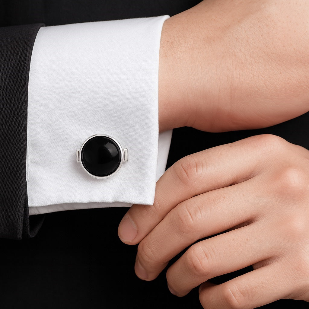 Black Onyx Round Cufflinks – Sterling Silver-0