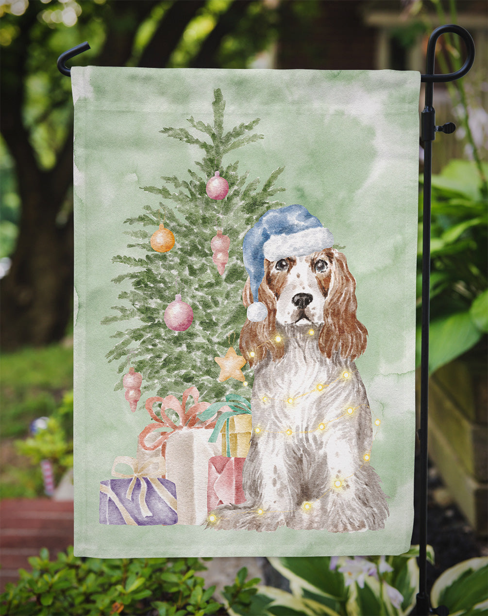 Cocker Spaniel English Red White Christmas Presents and Tree Garden Flag-2