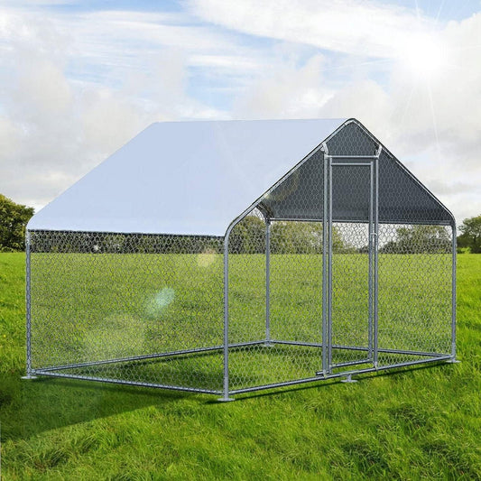 9.8 Ft x 6.5 Ft. Large Metal Outdoor Walk-in Chicken Coop with Waterproof Cover-0