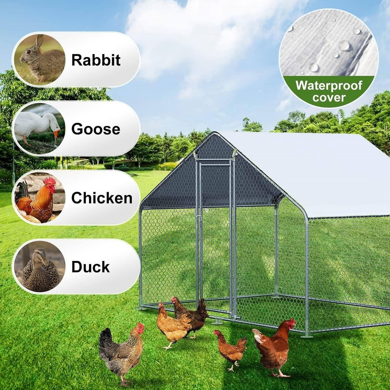 9.8 Ft x 6.5 Ft. Large Metal Outdoor Walk-in Chicken Coop with Waterproof Cover-1