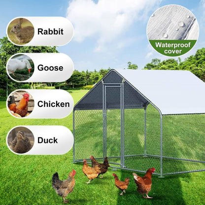 9.8 Ft x 6.5 Ft. Large Metal Outdoor Walk-in Chicken Coop with Waterproof Cover-1