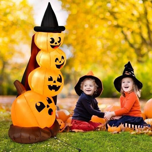 7 Feet Halloween Inflatable Pumpkin Combo with Witch's Hat and LED Lights-1